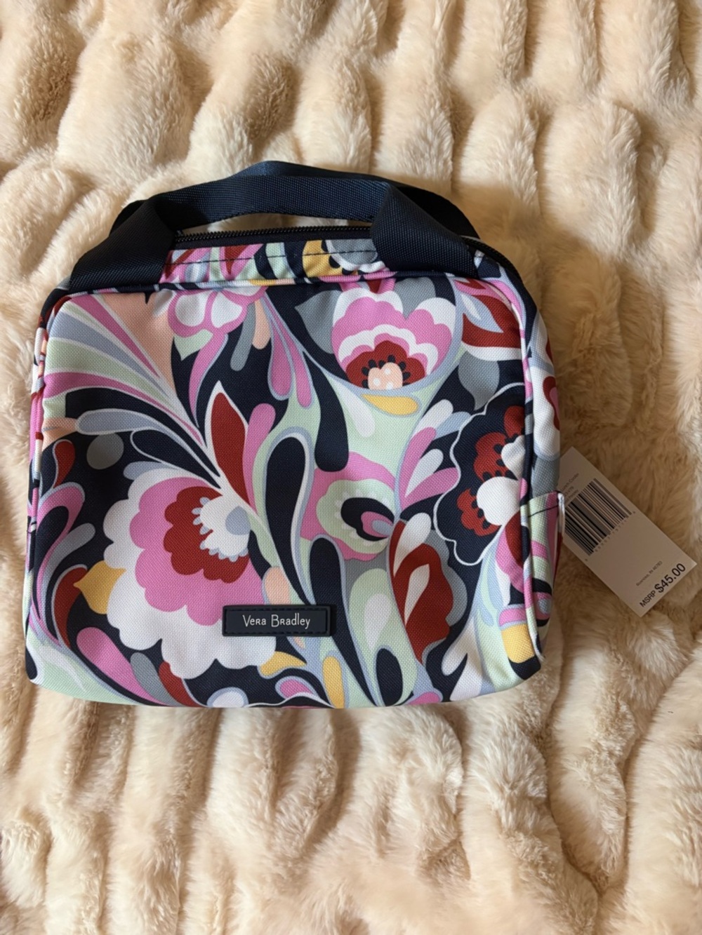 Vera Bradley Pink Multi Floral Cosmetic Case with Navy Handle